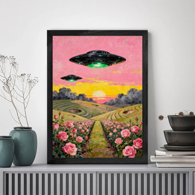 OVNI rétro et art mural noir, reproduction de paysage rétro surréel