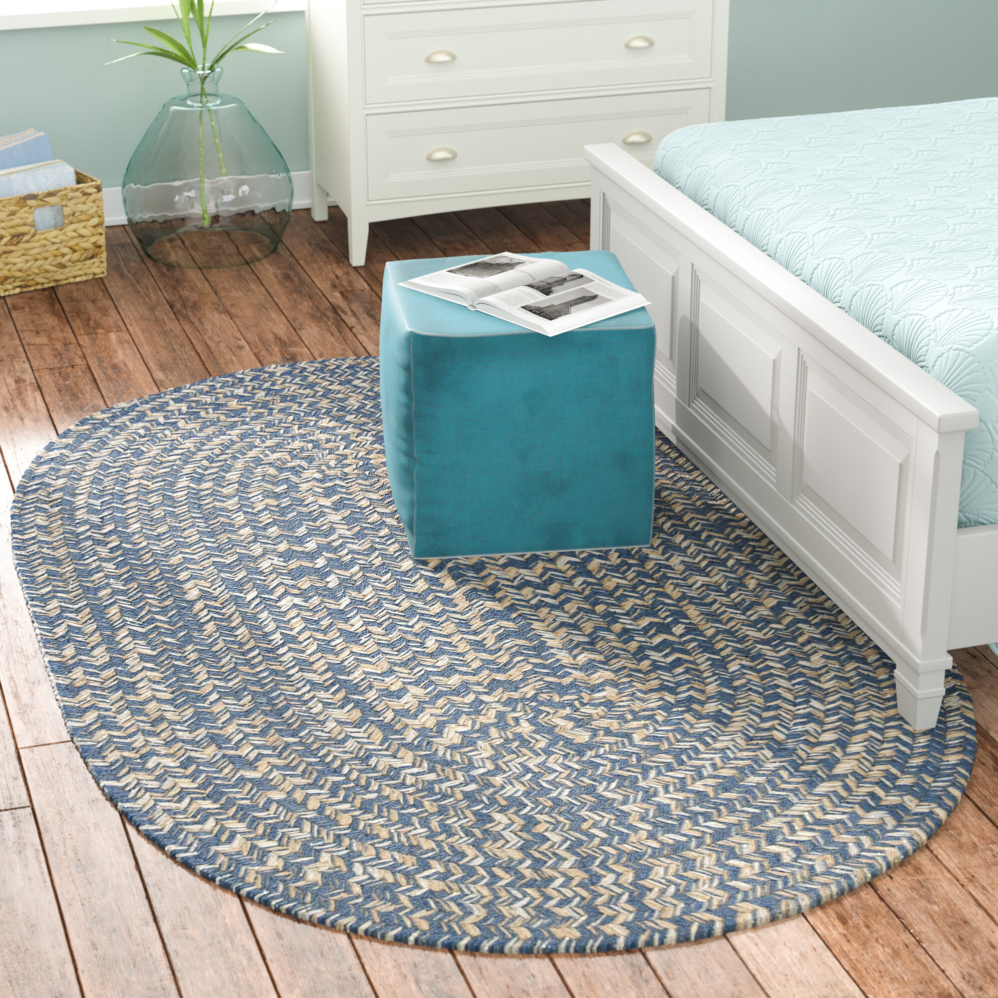 2'5 x 3'9 Blue and Cream Oval Wool Braided Rug