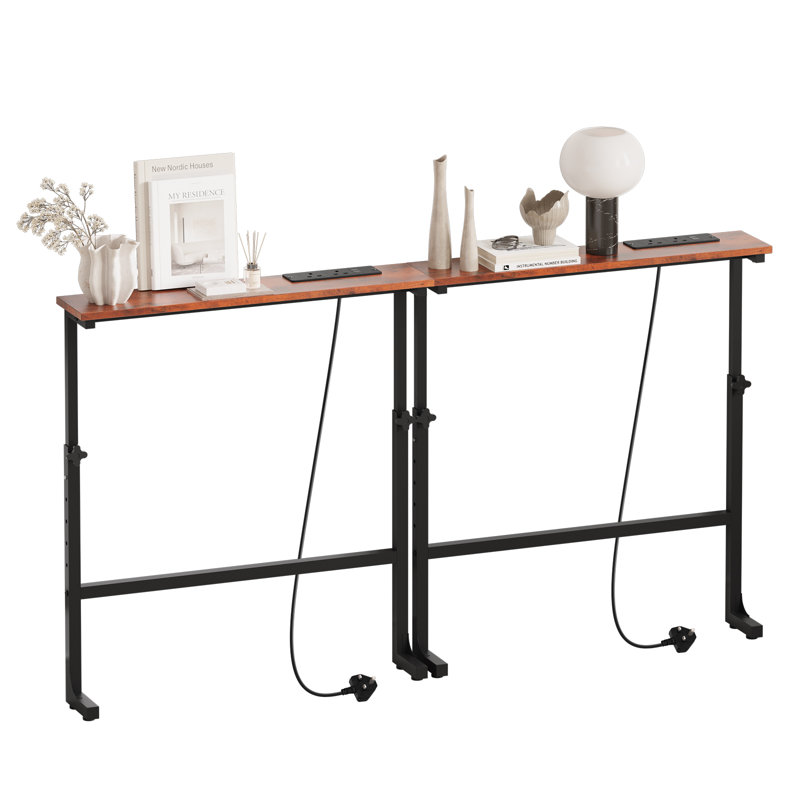 2 Pack Slim Console Table, Adjustable Behind Sofa Table With Charging Station For Hallway, Entryway, Living Room, Brown Wood