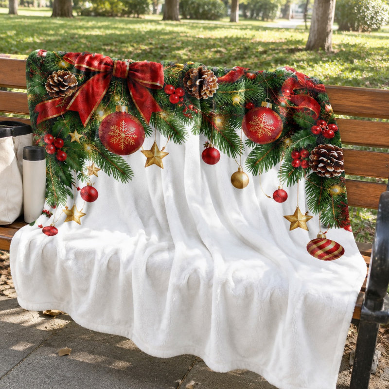 Christmas Throw Blanket with Ornaments and Pinecones, Cozy Festive Decor Fleece Blanket for Sofa, Couch, Bedroom, Living Room Home Decoration