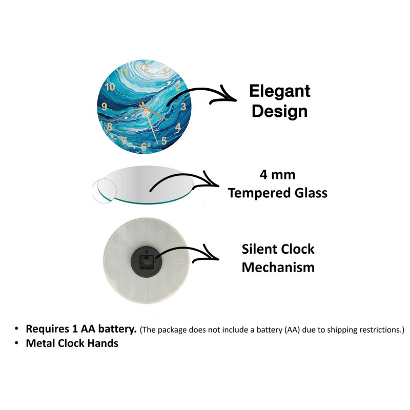 Horloge murale abstraite en verre trempé Ocean Waves, Noir