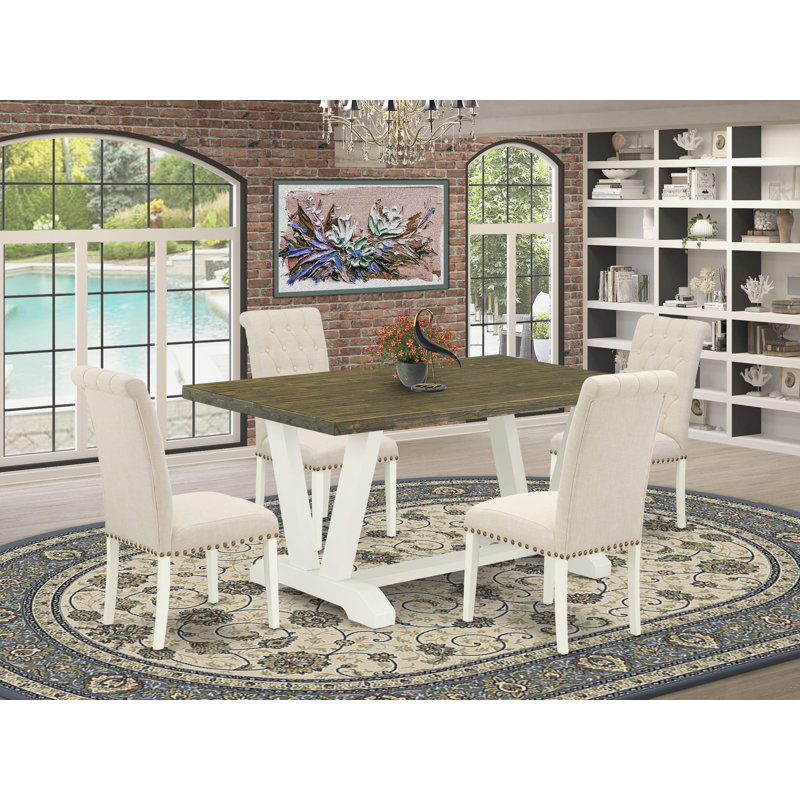 5-Pc Dining room table set includes a Distressed Jacobean wooden table and 4 light beige linen fabric kitchen chairs with button tufted back - Wire Brushed Linen White