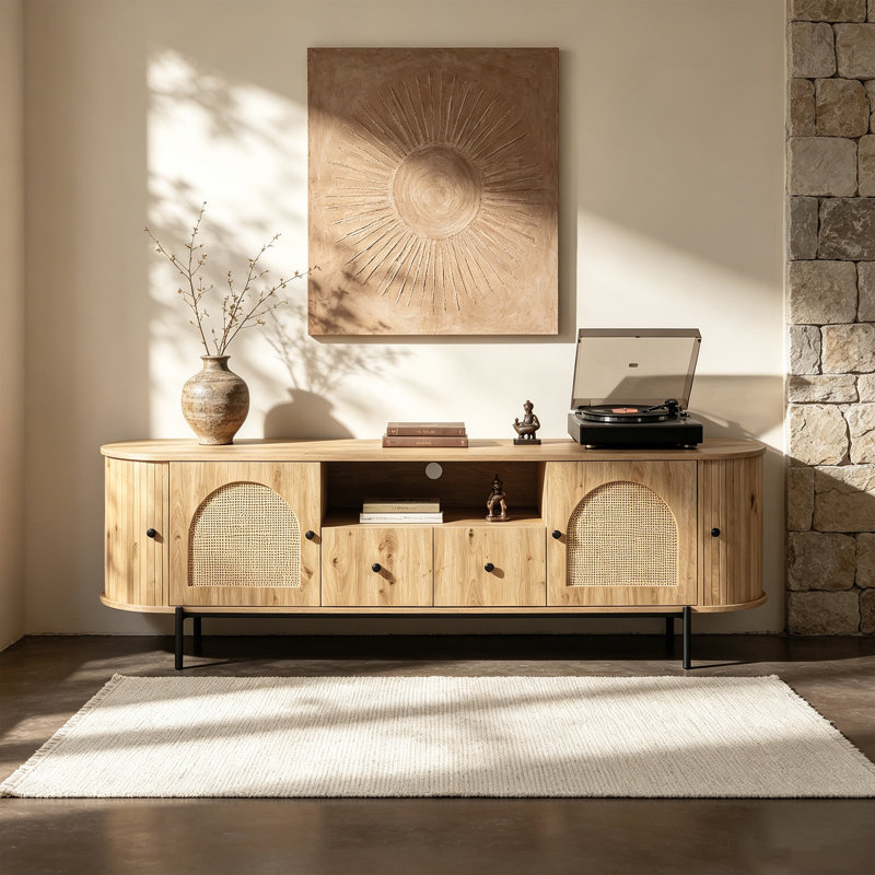 Console U-Can, meuble télé de style américain avec portes arquées en rotin, tiroirs et coins arrondis de sécurité
