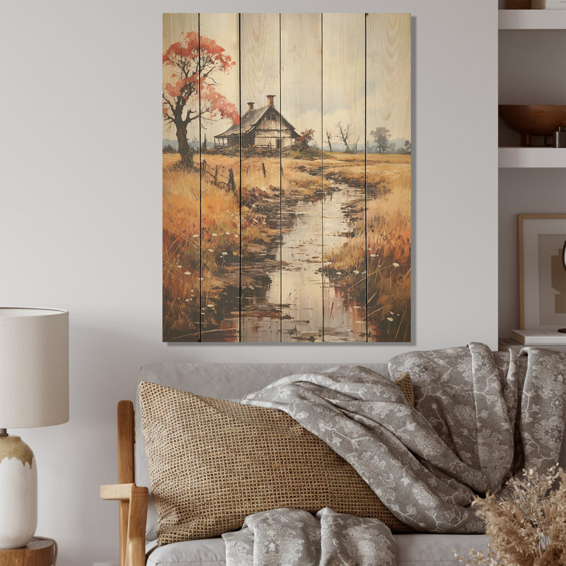 Neo impressionniste, campagne nostalgique - campagne, art mural sur bois de pin naturel, H 20 po x l 10 po