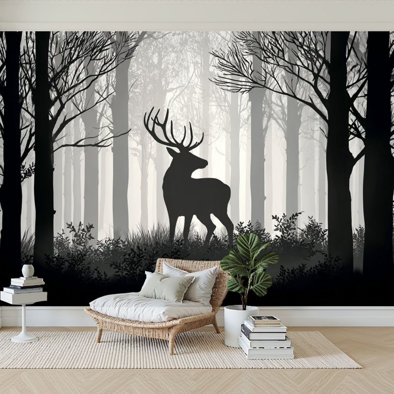 Papier peint adhésif auto-adhésif moderne l 96 po x H 69 po pour bois de cerf de chambre à coucher posant des silhouettes forestières