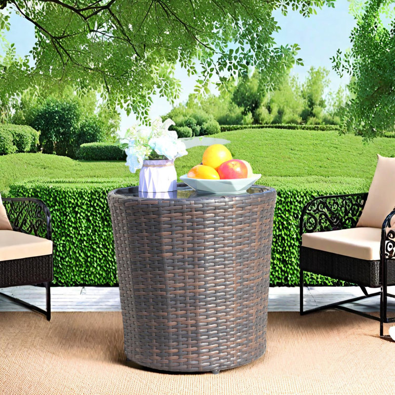 Outdoor Patio Round Coffee Table with Tempered Glass Top
