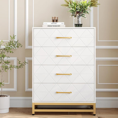 Modern 4-Drawer Dresser - Wood Chest with Gold Handles for Bedroom & Living Room