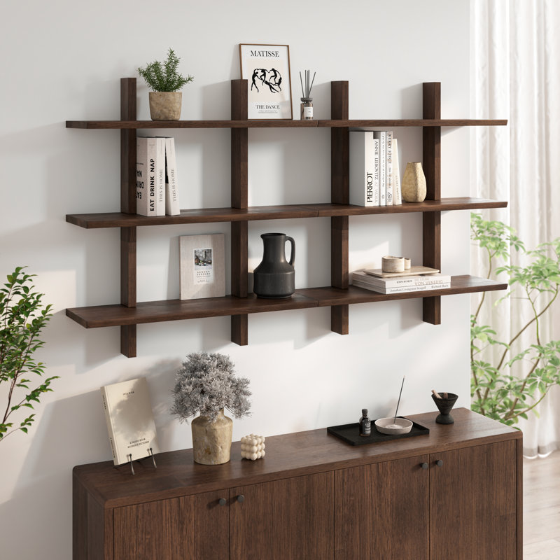 Shouji 3-Tiered Solid Wood Floating Shelves with Reversible Bevel Edge, Hidden Hardwares, 15-min Quick Assembly - Set of 2