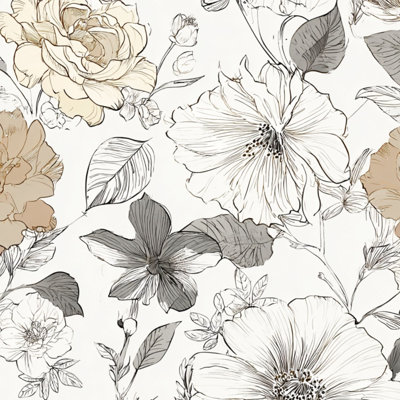 Papier peint adhésif bohème Boho Farmhouse Elegant Floral Beige Grey Roses Roses