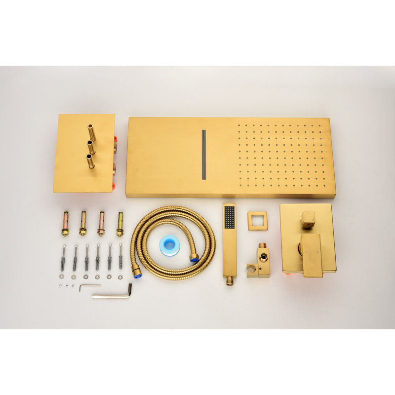 High Shower Faucet With Rectangular Head And Handheld - Brass Gold Bathroom 3