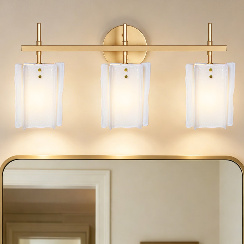 Meuble-lavabo 3 lumières en verre doré à volants en duvet blanc et antirouille 23,6 po