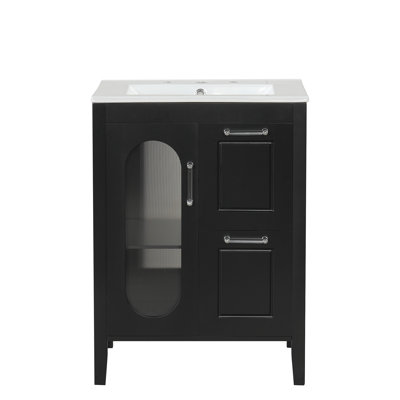 Meuble-lavabo 24 po avec lavabo, meuble-lavabo avec deux tiroirs et porte, tablette réglable, bois massif et panneau de fibres à densité moyenne