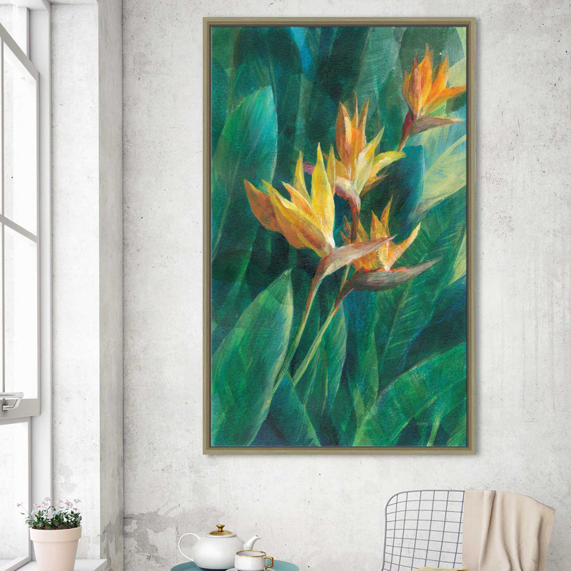 Oiseau du paradis I - Peinture, Cadre flottant champagne, H 43,5 po x l 27,5 po x P 2 po
