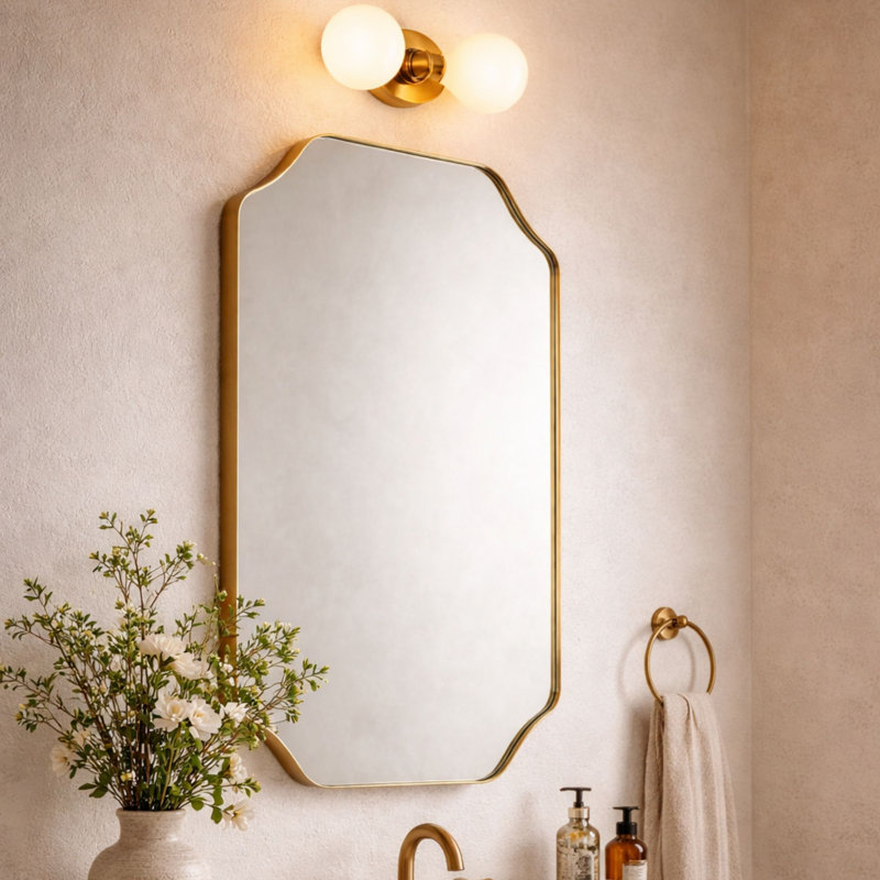 Miroir de salle de bain Kudi doré festonné, cadre en laiton décoratif, miroir de coiffeuse irrégulier mural 30 x 20'', Doré