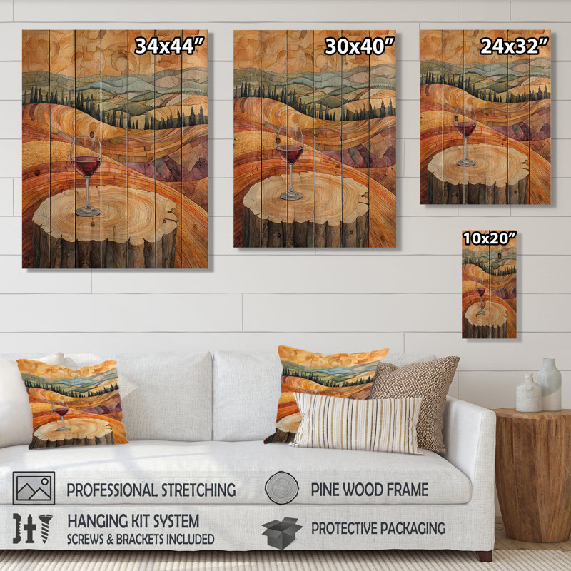 Vineyard With Glass Of Wine In Provence II - Vineyard Wood Wall Decor - On Natural Pine Wood, 20" H x 10" W x 0.78" D