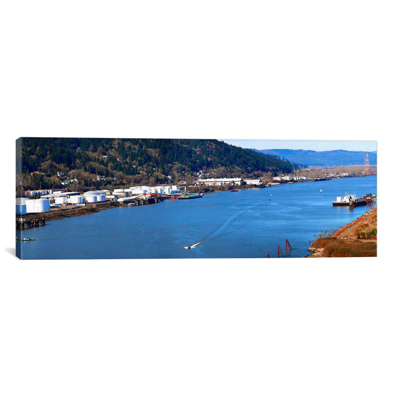 " High Angle View Of A River, Willamette River, Portland, Multnomah County, Oregon, USA " by Panoramic Images, Black Framed