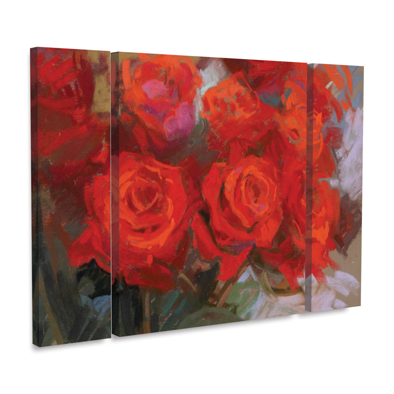 «3 Crimson Roses», art mural sur toile 3 panneaux pour décor de salon, de chambre à coucher ou de bureau 
