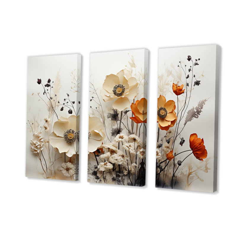 Bohemian Earthly Wildflower Collage II - ensemble d'art mural sur toile florale, ensemble de 3 fleurs sauvages