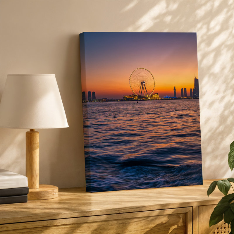Toile, superbe vue du coucher de soleil sur la côte de S, avec art mural, grande roue illuminée contre une toile vibrante