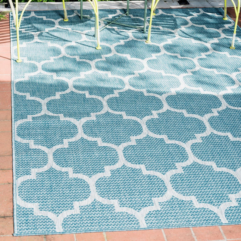 Tapis intérieur / extérieur à motif géométrique Hampstead , Sarcelle, Rectangle 9 pi x 12 pi 2 po