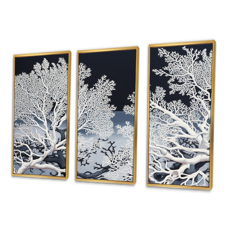Abstrait coraux - Ensemble d'art mural toile corail sous l'eau, Cadre flottant doré, H 32 po x l 48 po x P 1 po