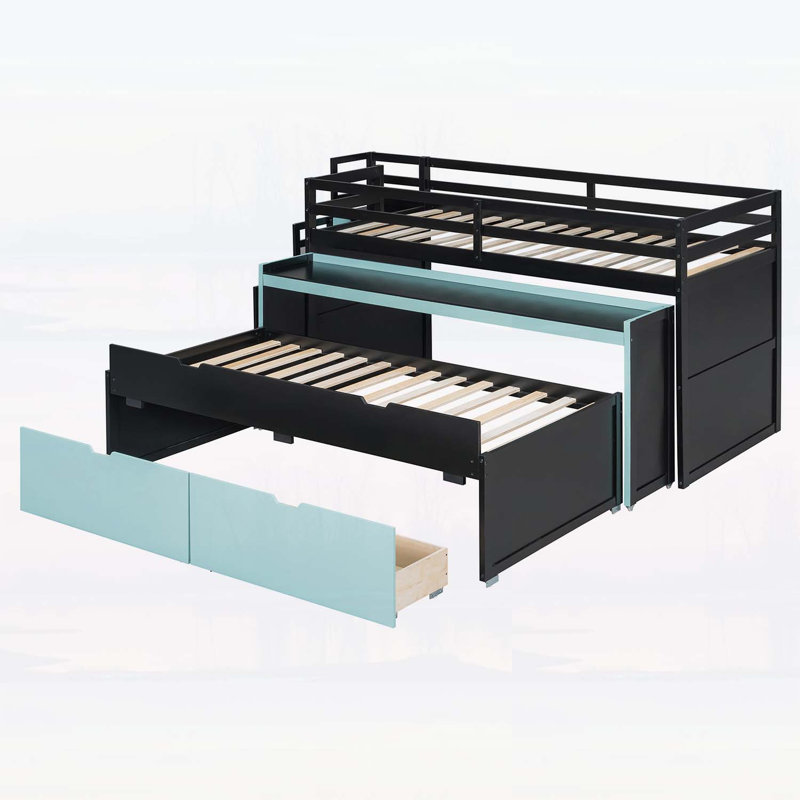 Lit mezzanine simple TG avec bureau coulissant et lit gigogne simple, lit superposé multifonctionnel avec 2 tiroirs de rangement et marches de rangement, cadre de jeu et de poste de travail peu encombrant, noir et bleu