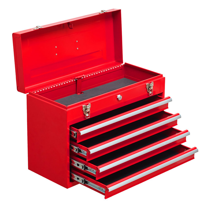 4 boîtes à outils portatives en métal - Construction, verrouillable, pour le garage et l'entrepôt, fabrication en acier de qualité, revêtement thermolaqué rouge, réparation extérieure