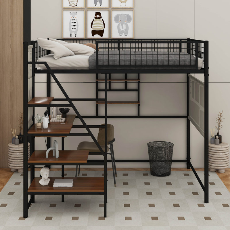 Full Size Loft Metal Bed With Built-In Charging Station And LED Light, Black