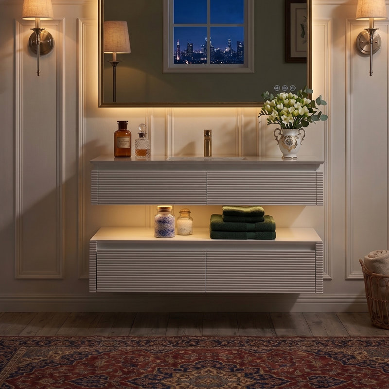 Meuble-lavabo suspendu de 122 cm (L) x 53 cm (P) avec comptoir en pierre, éclairage DEL intégré, design cannelé à deux niveaux, tiroirs à fermeture amortie, blanc