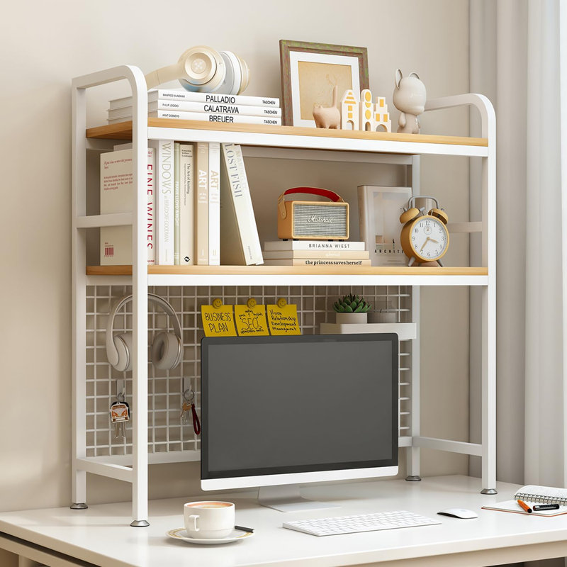 2-Tier Desktop Hutch Bookshelf - Metal Desk Shelf Bookcase With Grid Panel, Countertop Storage Organizer Rack For Dorm Or Office, White, 37.4" W