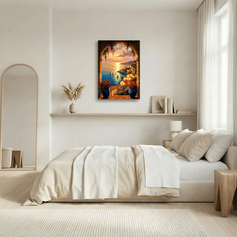 Vue d'un village côtier à travers une arche de pierre avec une fleur bleue - Tableau sur toile, H 36 po x l 24 po