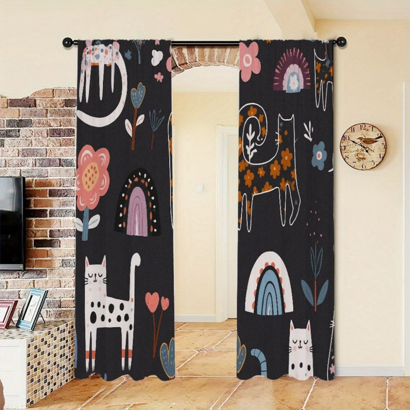 2Pcs Cartoon Cat Pattern Curtains, Black Background Rainbow Flower Print, Rod Pocket Window Drapes, Bohemian Style, Living Room Bedroom Study Decor