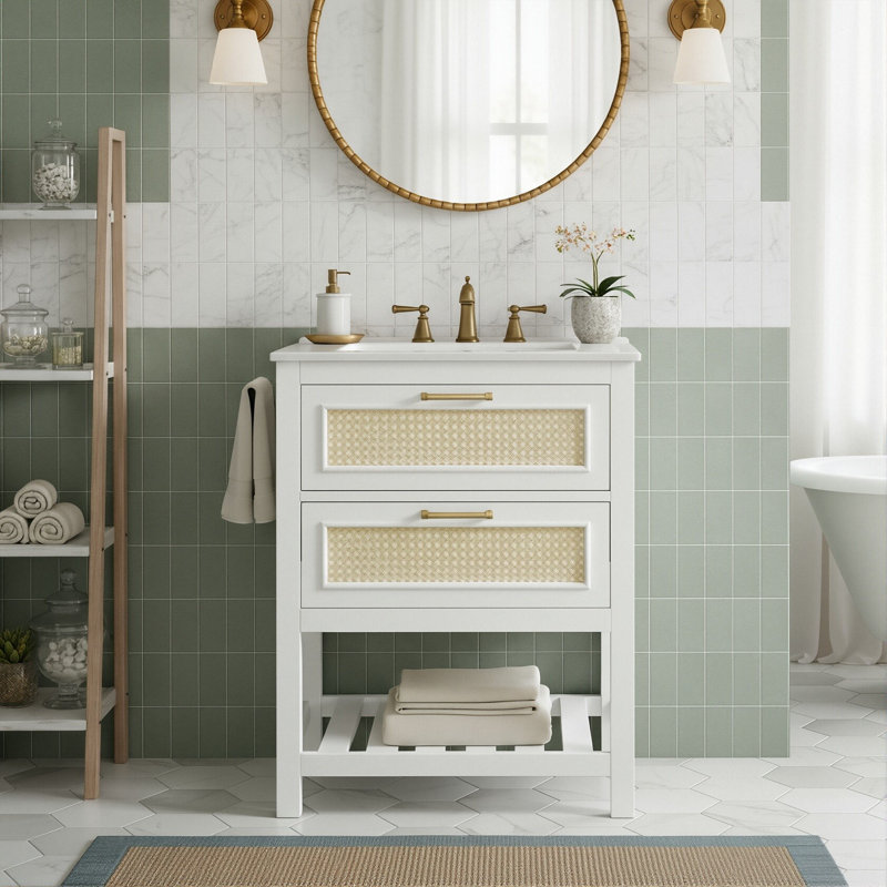 Meuble-lavabo autoportant de 24 po avec lavabo intégré en céramique, armoire moderne avec façade en rotin tissé et pieds en bois massif