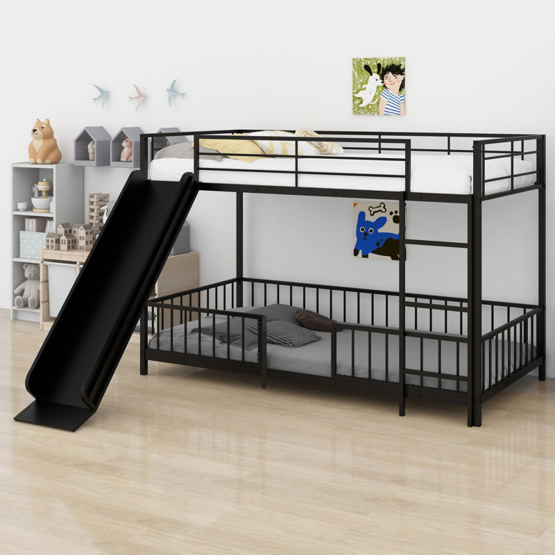 Metal Bunk Bed With Slide And Guardrails,, Twin Over Twin, Black