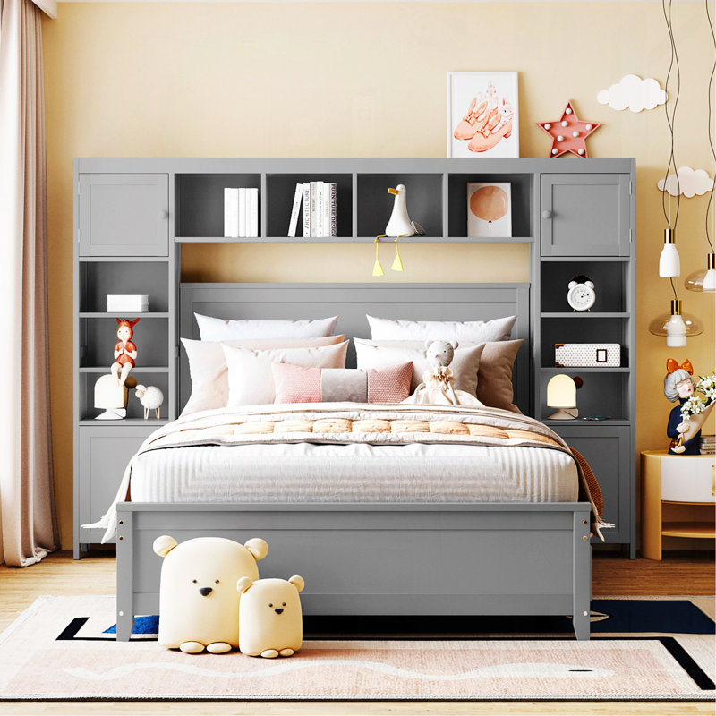 Lit double en bois avec armoire et tablette tout-en-un, gris, Gris