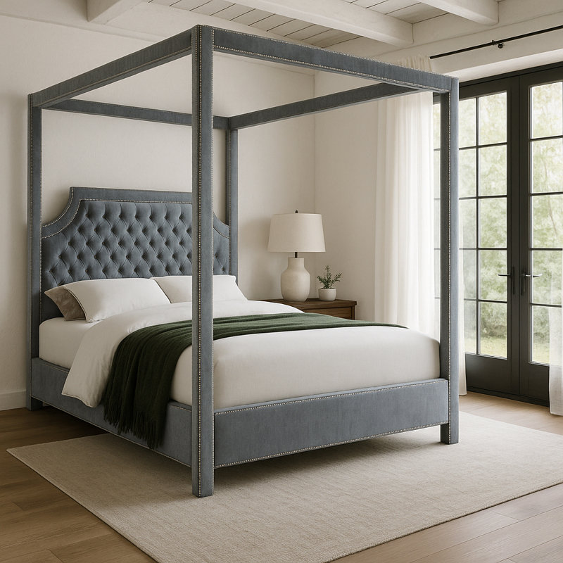 Emet Upholstered Canopy Bed, King, Grey Velvet