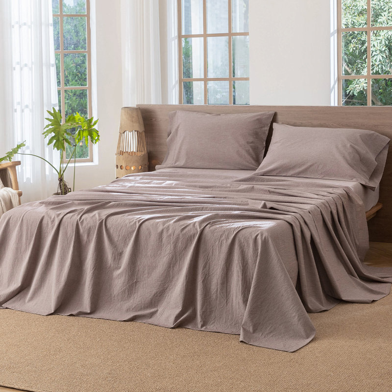 Drap plat 100% coton lavé MooMee, Drap plat de taille très grand, Mauve / brun