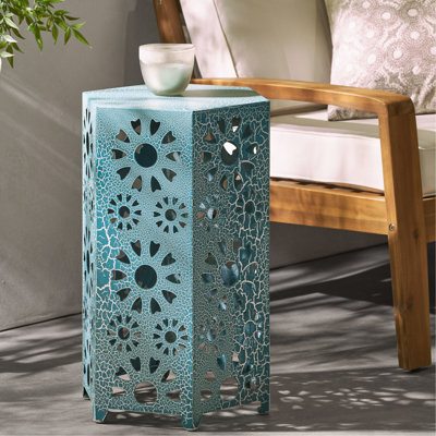 Patio Side Table With Hexagon Top and Metal Base