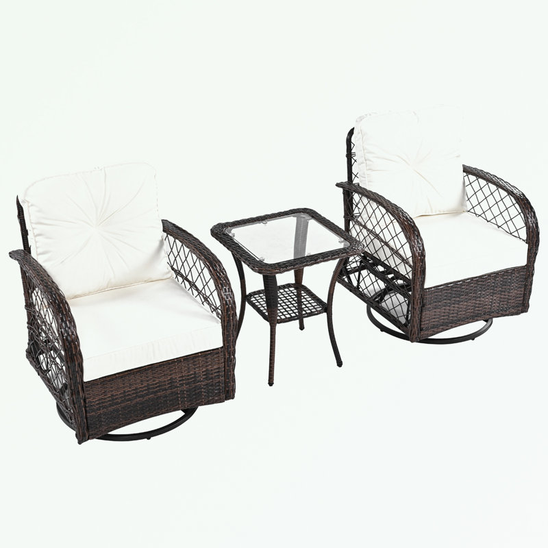 3-piece Outdoor Chair&Table Set with Two Swivel Chairs and a Square Table, Brown