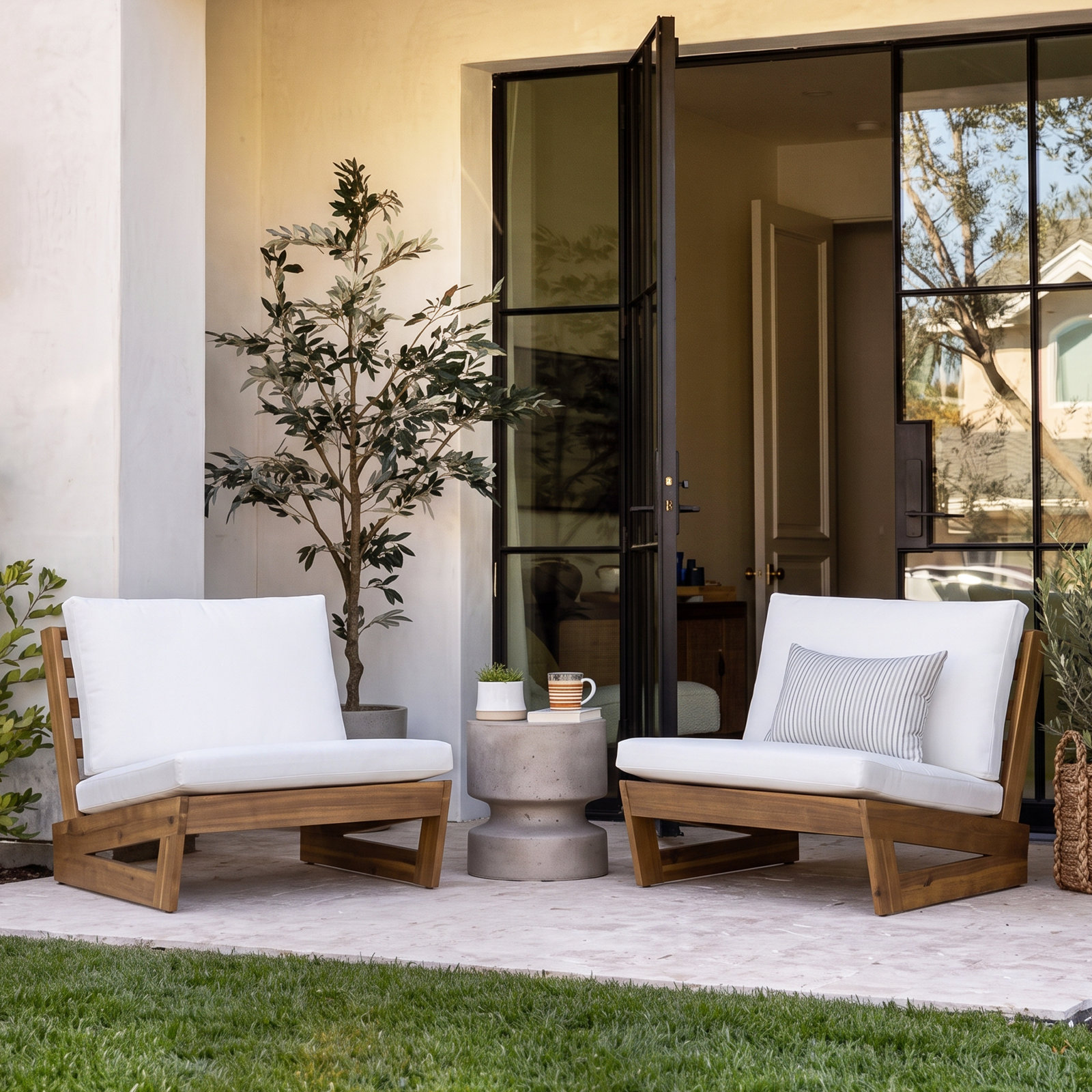Louise Acacia Outdoor Armless Lounge Chair, Teak Frame/White Cushion