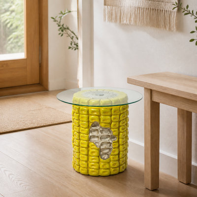 Corn Cob with Glass Top Resin Accent Side Table, 12.99 x 16.93 Inches, Yellow