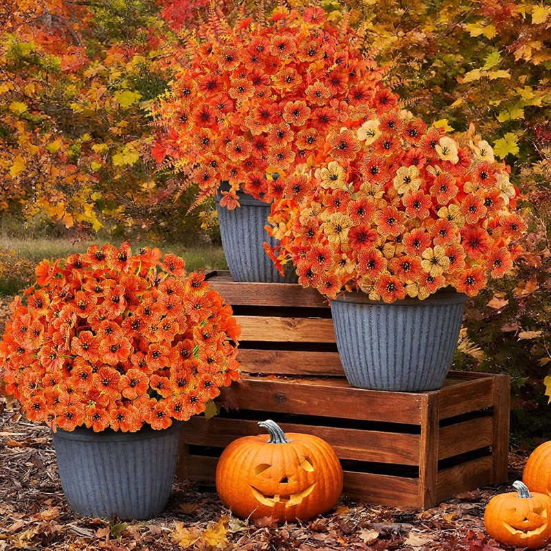 Paquet de 24 fleurs de maman artificielles - artificielles orange résistantes aux rayons UV