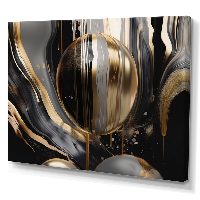 Marbre doré et noir captivant III - art mural abstrait en marbre, H 24 po x l 32 po, Toile tendue, Sans cadre