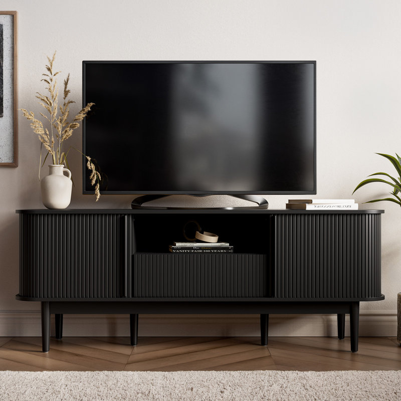 Tambour TV Stand For TVs Up To 70 Inch, TV Console With Sliding Doors, Black