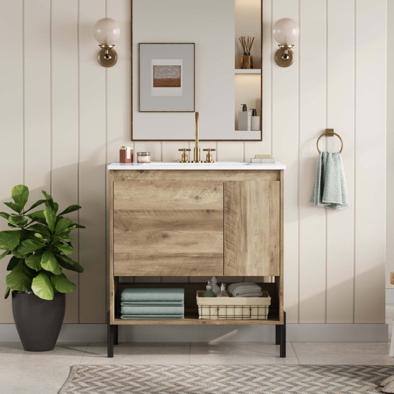 Meuble-lavabo moderne en bois 30 po, armoire de salle de bain avec tiroir coulissant, armoire de rangement pour salle de bain avec lavabo en céramique, meuble-lavabo simple avec portes et tablette ouverte