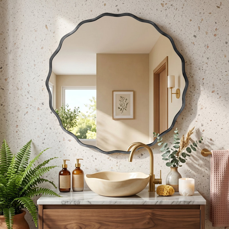 Aluminum Round Wavy Decorative Bathroom Mirror, 31.5" x 31.5", Black