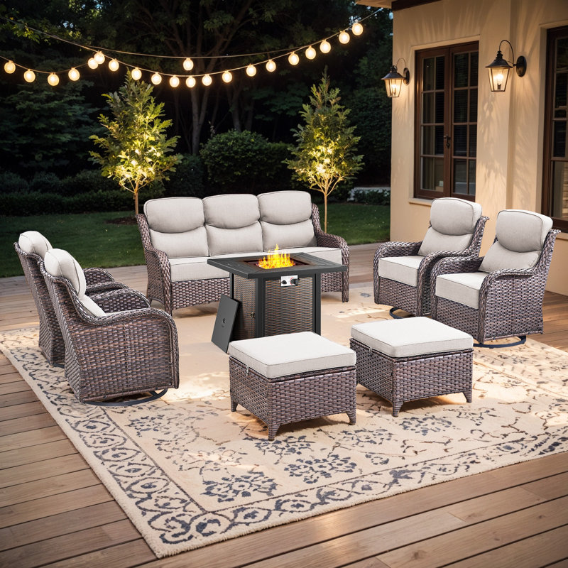 Heritage 8-Piece Outdoor Wicker Patio Square Metal Fire Pit Table Conversation Set With 4 Swivel Gliders And Ottomans, All-Weather PE Wicker