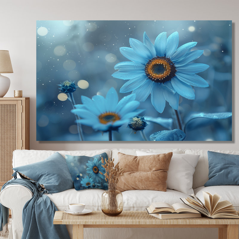 Nirvana monochromes bleu tournesols I - tournesols, art mural salon, Cadre flottant noir, H 34 po x l 44 po