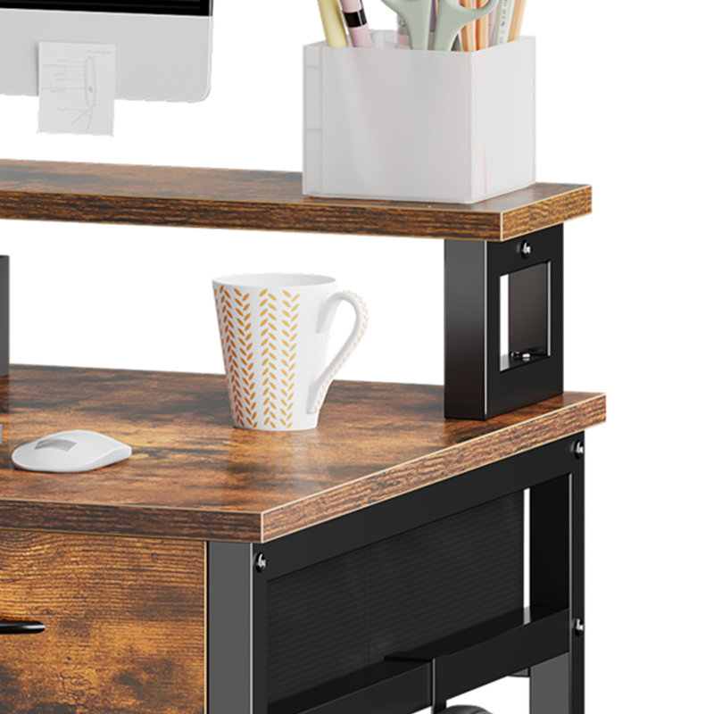 31.4'' W Small Computer Desk with Drawers, Monitor Stand & Hooks, Brown/Black