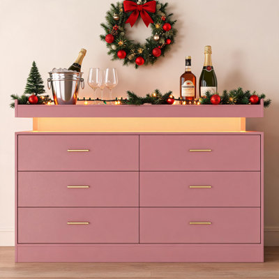 Armoire buffet moderne à DEL de 47,24 po x P 15,75 po x H 31,50 po - 6 tiroirs, station de charge, comptoir flottant - meuble télé, rangement pour bar, salon, chambre à coucher, bureau - couleur rose